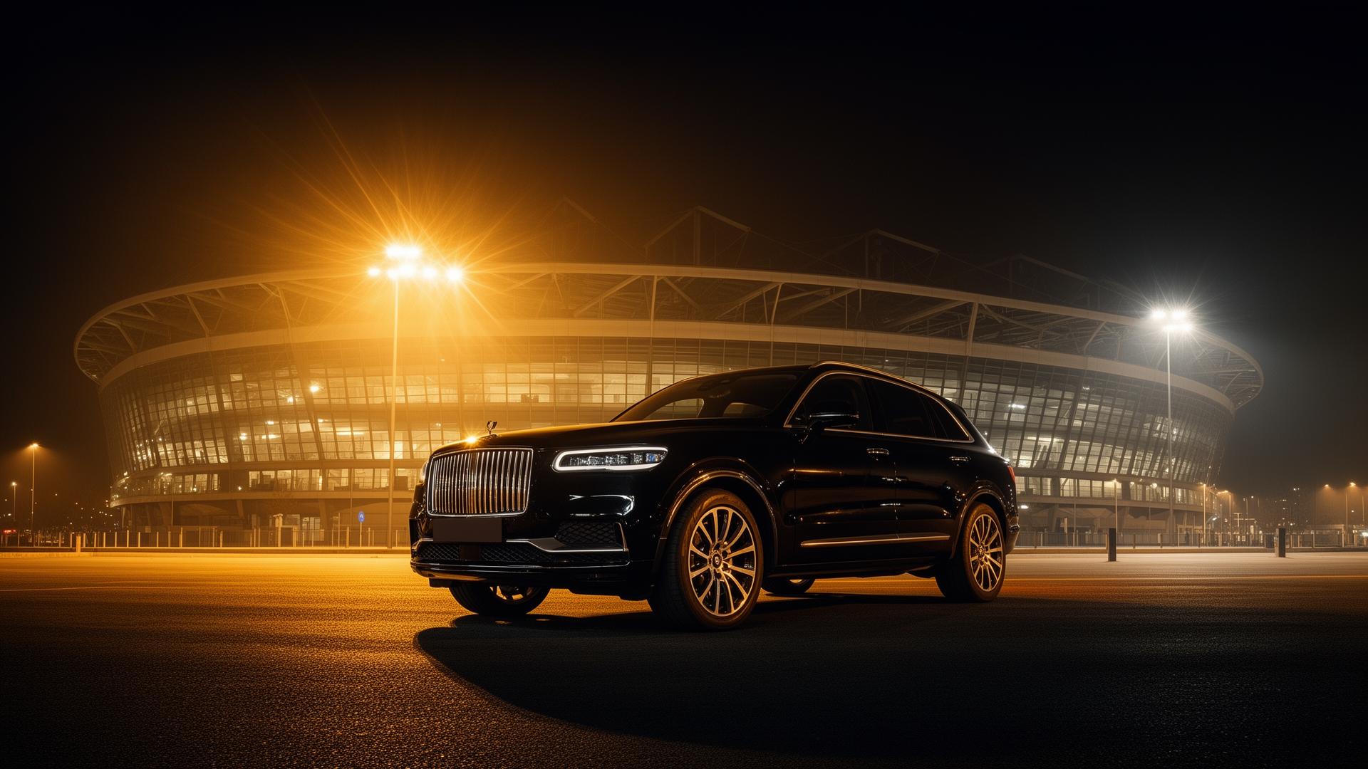Luxury black SUV outside a stadium at night under golden floodlights